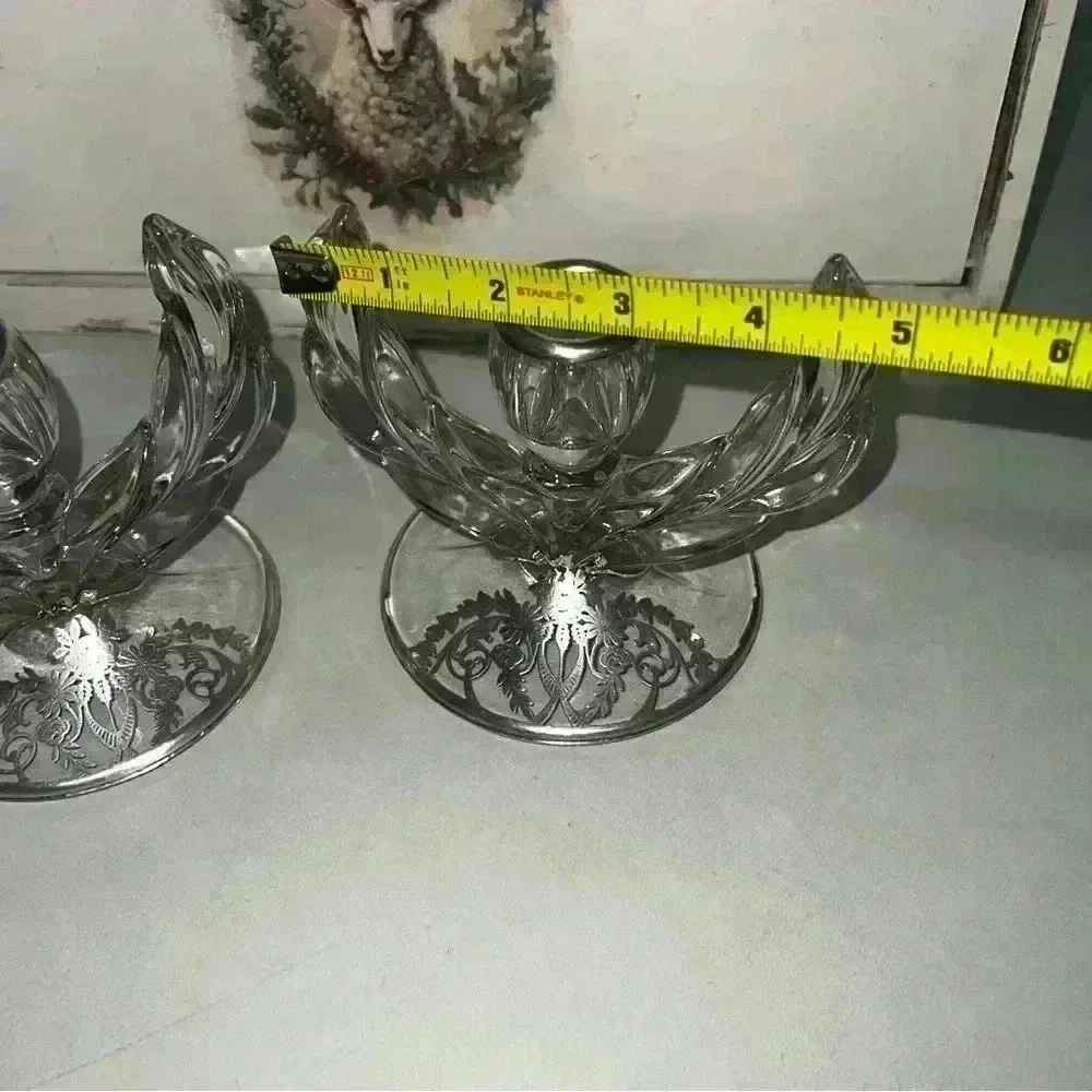Vintage elegant art deco silver overlay glass candle holders